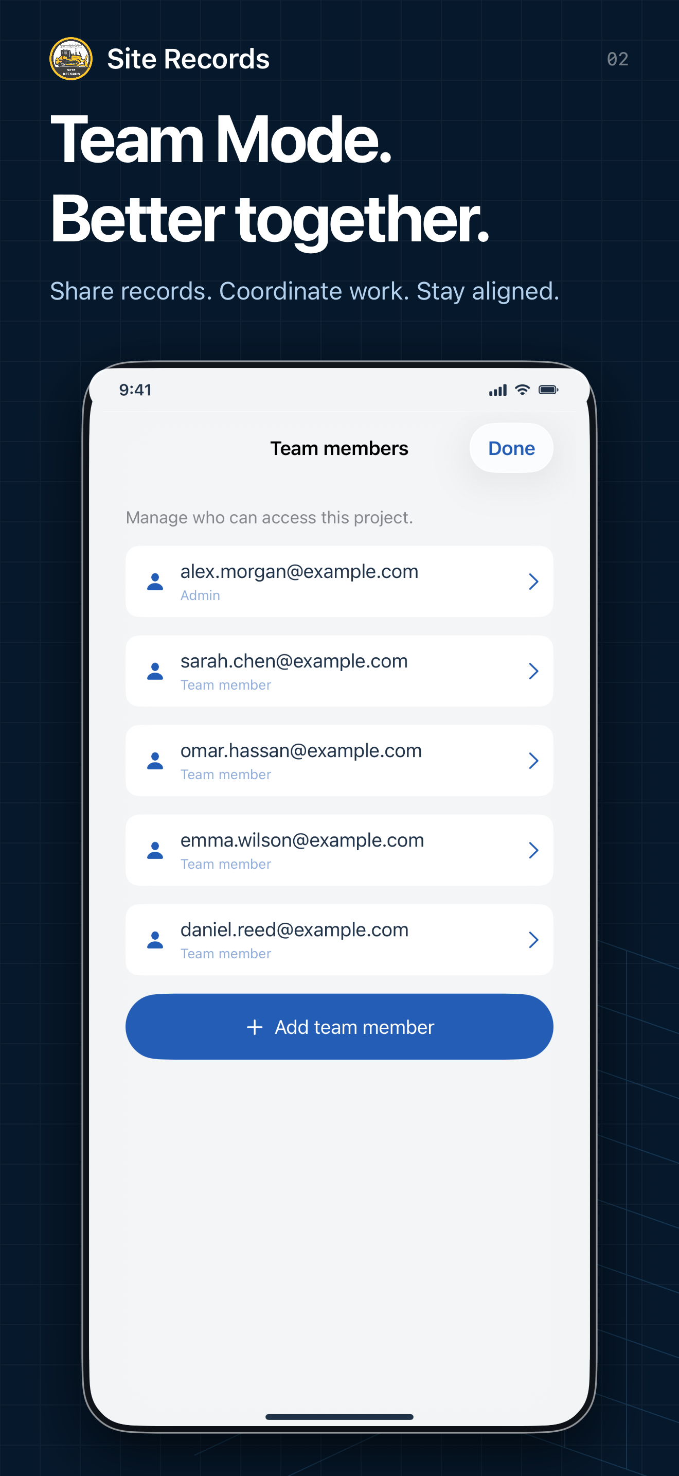 Site Records iPhone: Team Mode collaboration