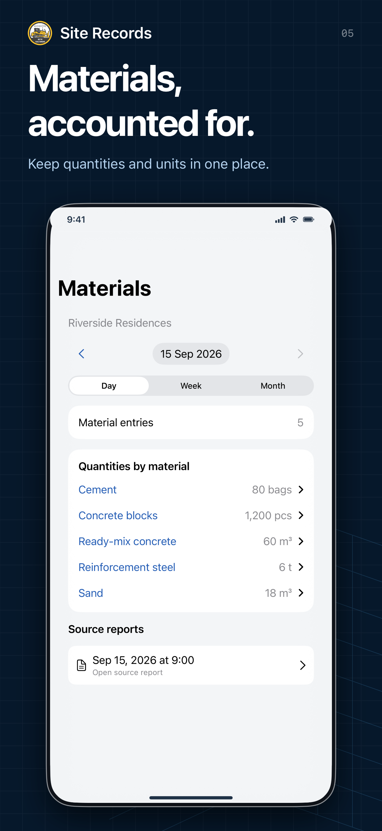 Site Records iPhone: Material records