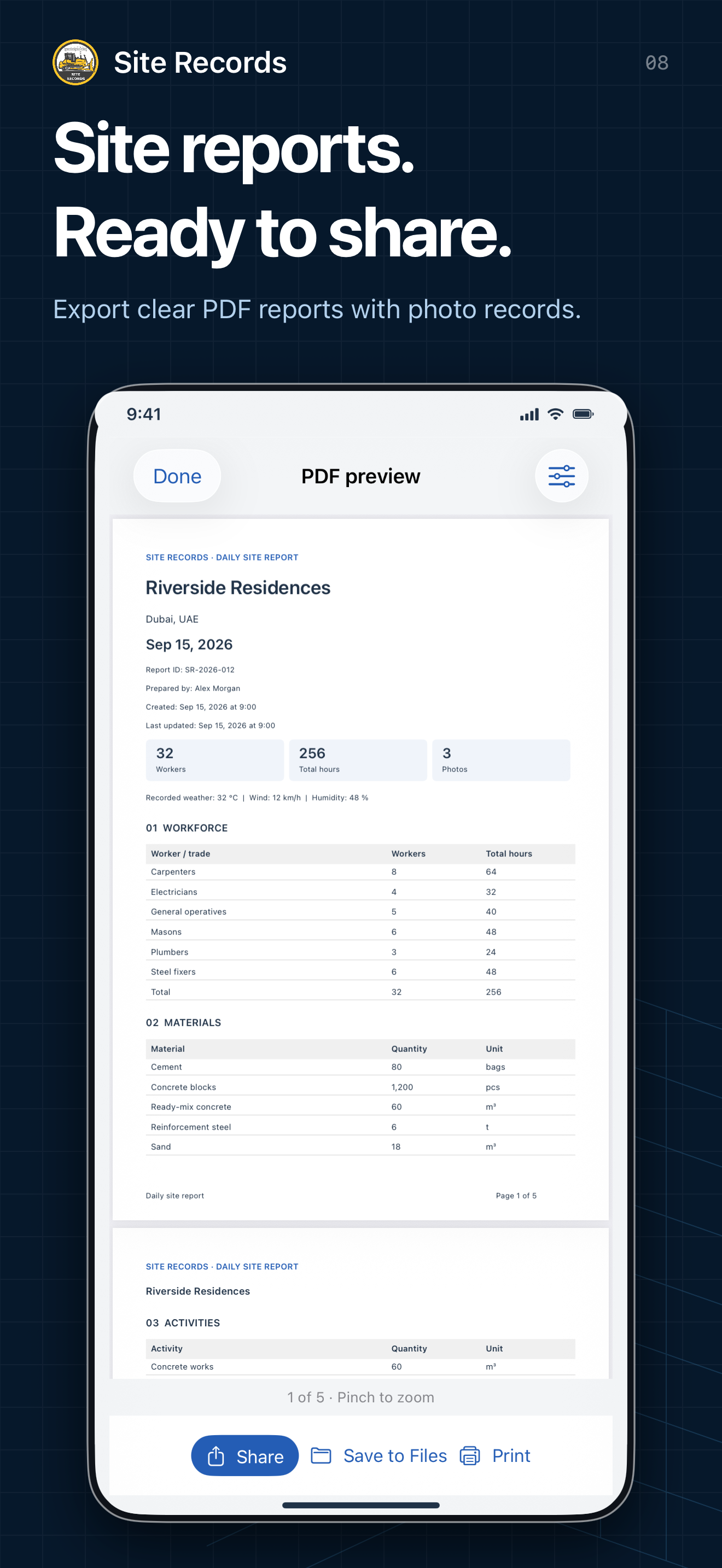 Site Records iPhone: PDF report export